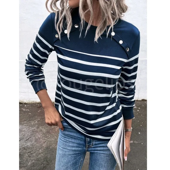 Striped Button Detail Round Neck Long Sleeve Navy Blue Tee Shirt - Picture 4 of 8